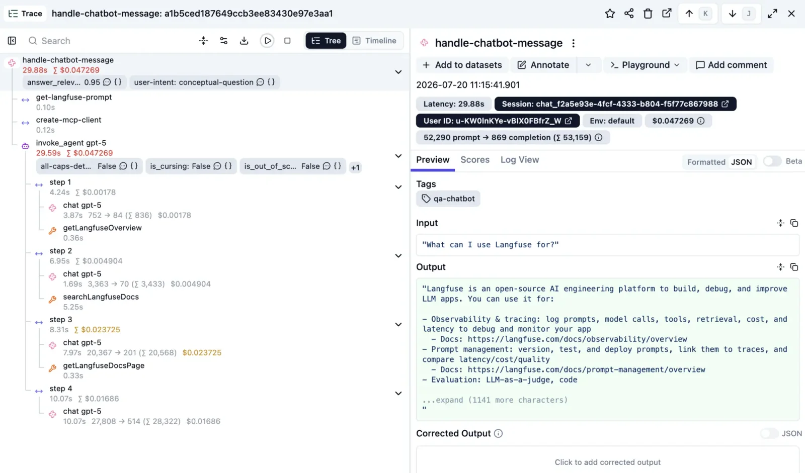 Trace Langfuse hiển thị chuỗi bước của chatbot, tool call, input, output và điểm đánh giá
