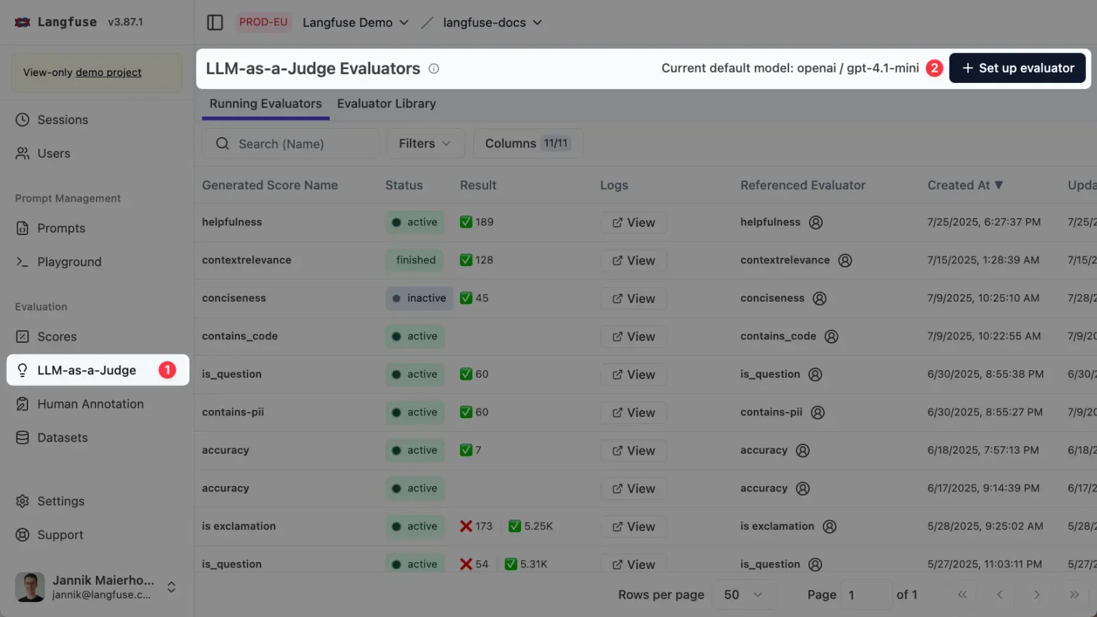 Trang LLM-as-a-Judge của Langfuse hiển thị các evaluator, trạng thái và kết quả