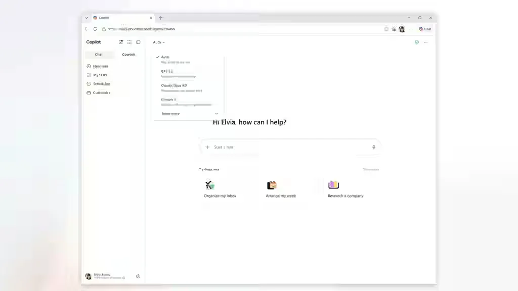 Copilot Cowork model selection interface for different tasks