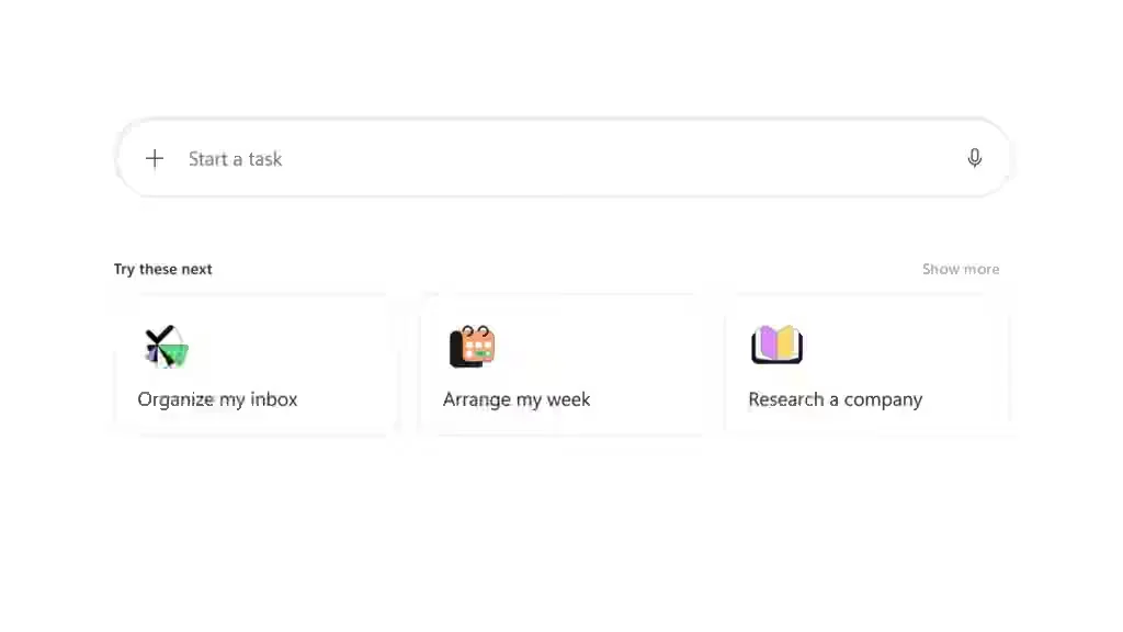 Copilot Cowork suggested tasks include inbox organization, weekly planning, and company research